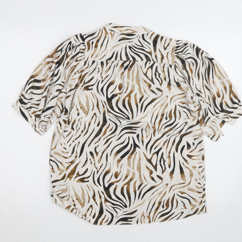 New Look Women Beige Animal Print Blouse Size 10 Short Sleeve V-Neck