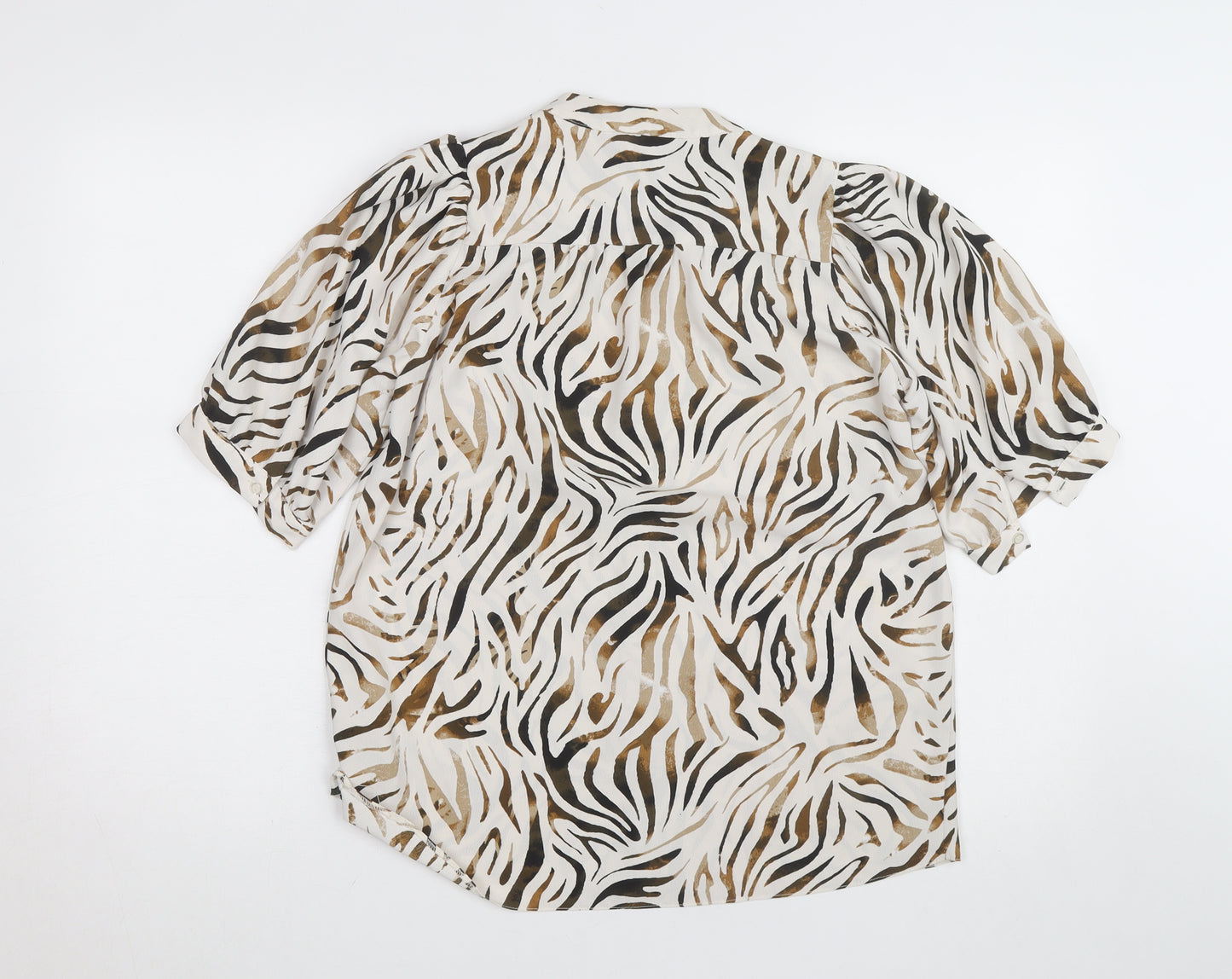 New Look Women Beige Animal Print Blouse Size 10 Short Sleeve V-Neck
