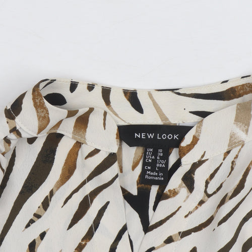 New Look Women Beige Animal Print Blouse Size 10 Short Sleeve V-Neck