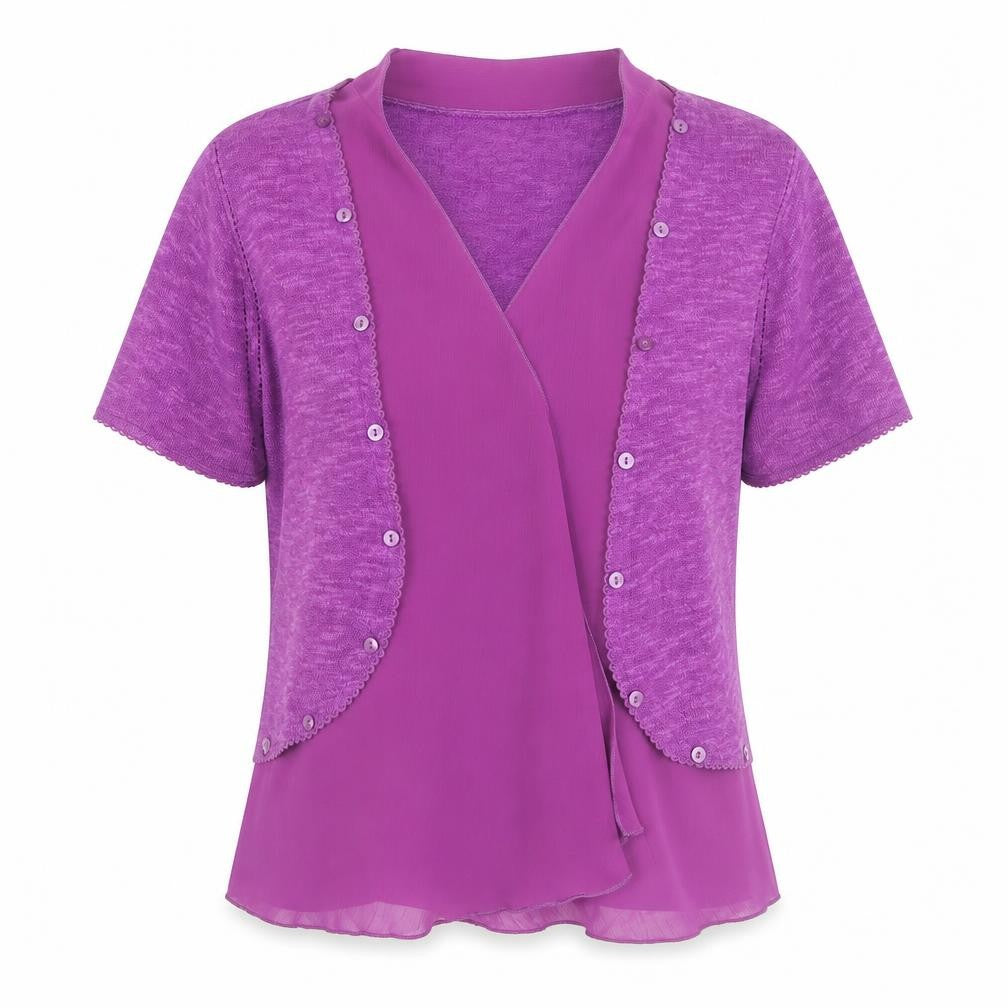Front view of Marks & Spencer Per Una Purple Short Sleeve Wrap Blouse, size 12