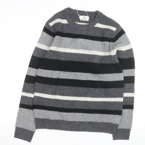 Marks and Spencer Men's Grey Striped Wool Blend Crew Neck Jumper M