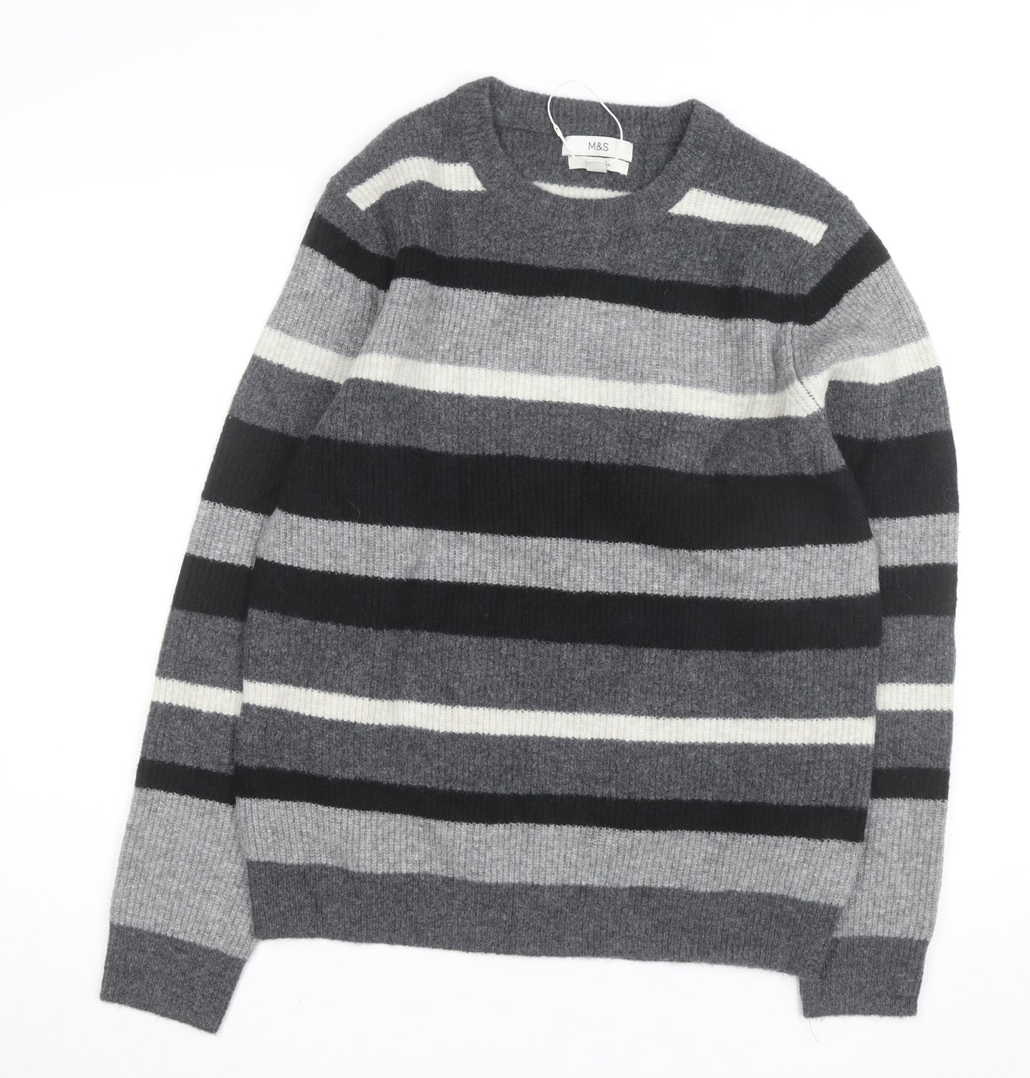 Marks and Spencer Men's Grey Striped Wool Blend Crew Neck Jumper M