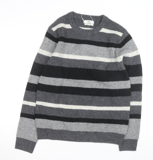 Marks and Spencer Men's Grey Striped Wool Blend Crew Neck Jumper M