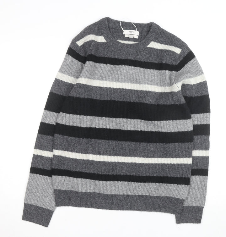 Marks and Spencer Men's Grey Striped Wool Blend Crew Neck Jumper M
