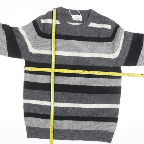 Marks and Spencer Men's Grey Striped Wool Blend Crew Neck Jumper M
