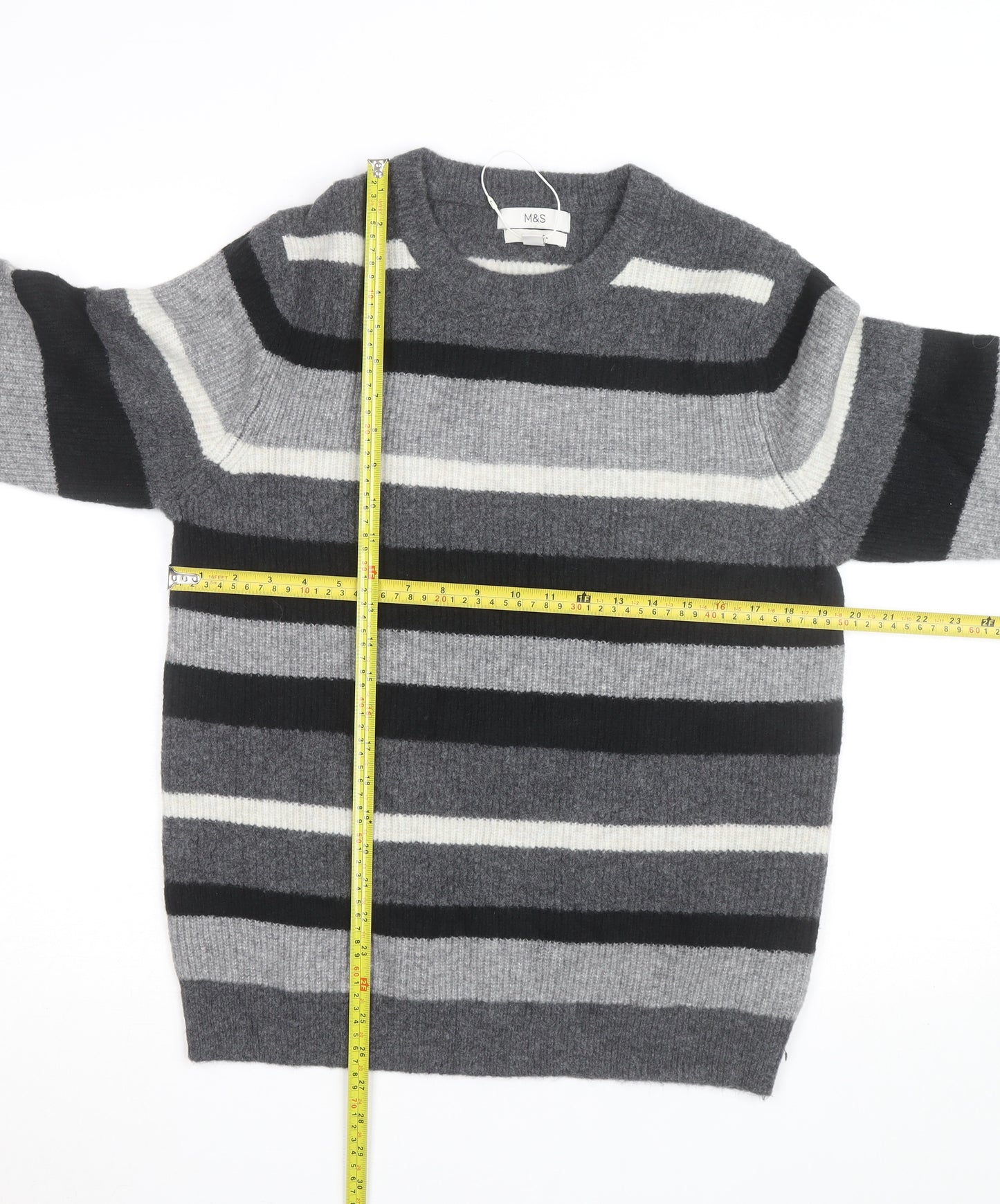 Marks and Spencer Men's Grey Striped Wool Blend Crew Neck Jumper M