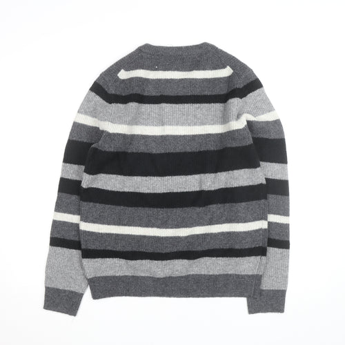 Marks and Spencer Men's Grey Striped Wool Blend Crew Neck Jumper M