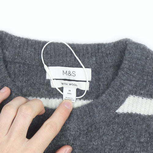 Marks and Spencer Men's Grey Striped Wool Blend Crew Neck Jumper M