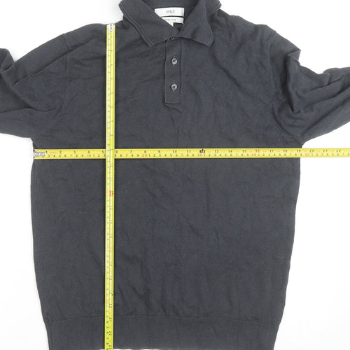 Marks and Spencer Men's Black Cotton Blend Long Sleeve Polo Shirt M