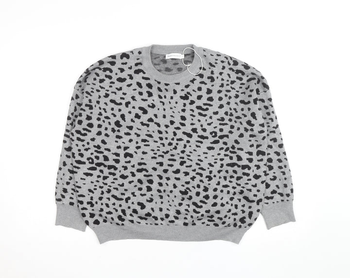 Warehouse Women’s Grey Animal Print Crew Neck Jumper Size S