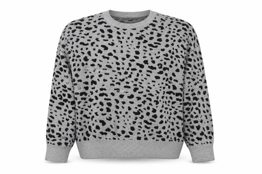 Front view of Warehouse Women’s Grey Animal Print Crew Neck Jumper, size S