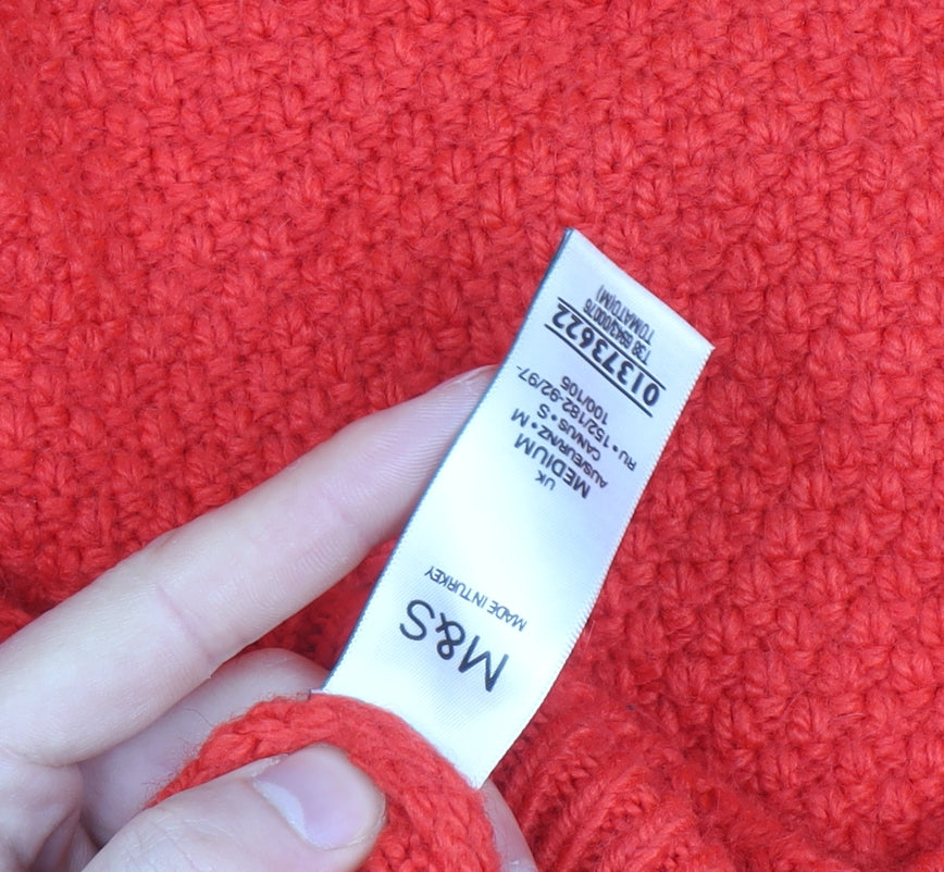 Marks and Spencer Women Red Roll Neck Cable Knit Jumper Medium