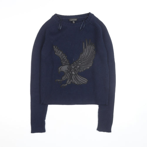 Topshop Women Blue Size 8 Eagle Embroidered Knit Jumper