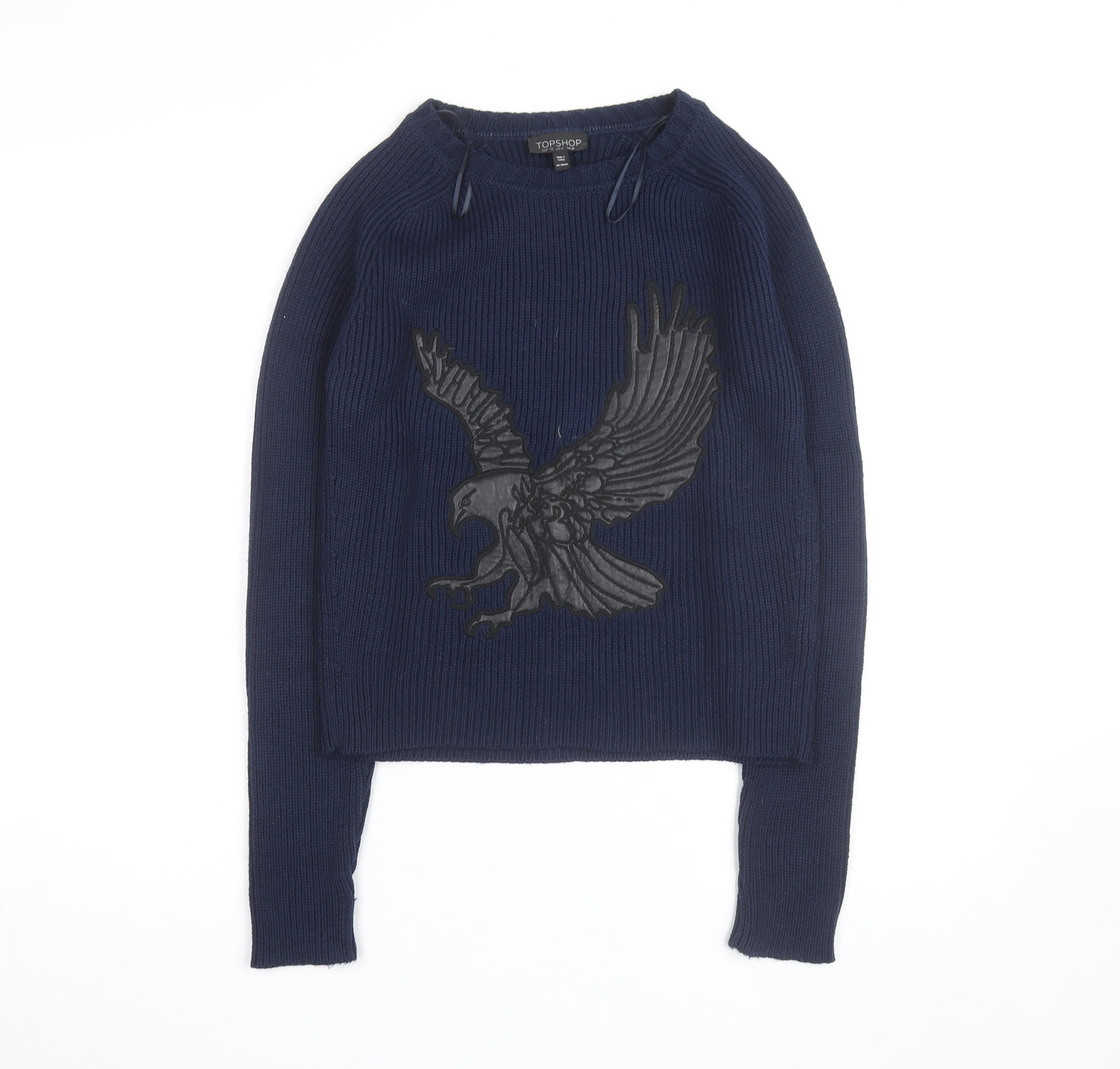 Topshop Women Blue Size 8 Eagle Embroidered Knit Jumper