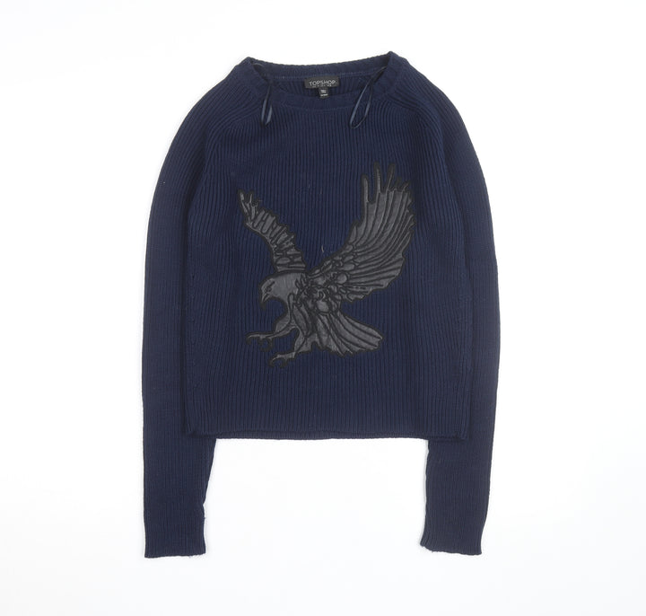 Topshop Women Blue Size 8 Eagle Embroidered Knit Jumper