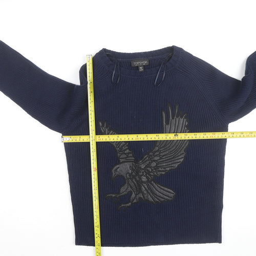 Topshop Women Blue Size 8 Eagle Embroidered Knit Jumper
