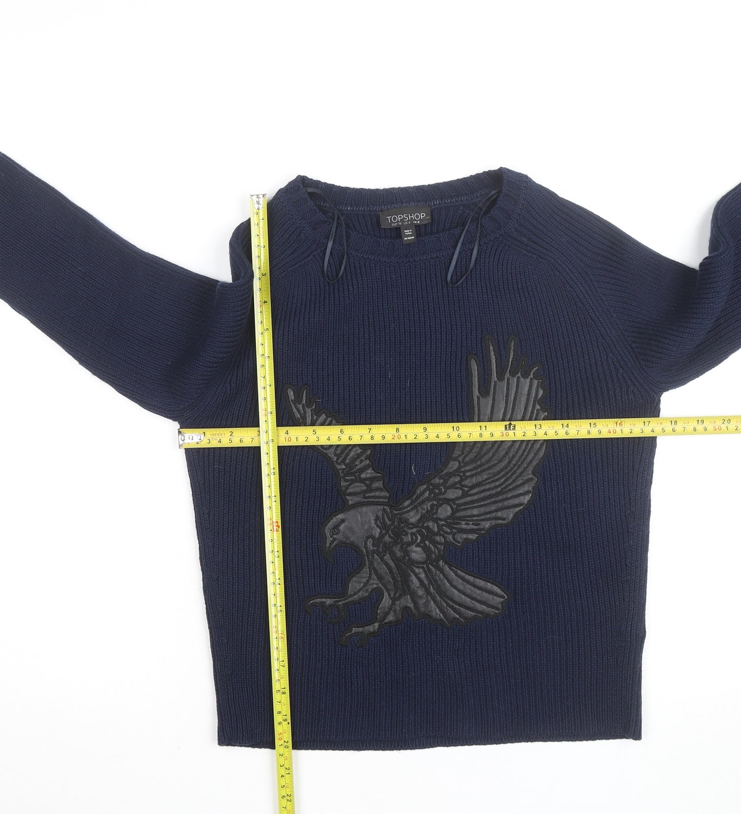 Topshop Women Blue Size 8 Eagle Embroidered Knit Jumper