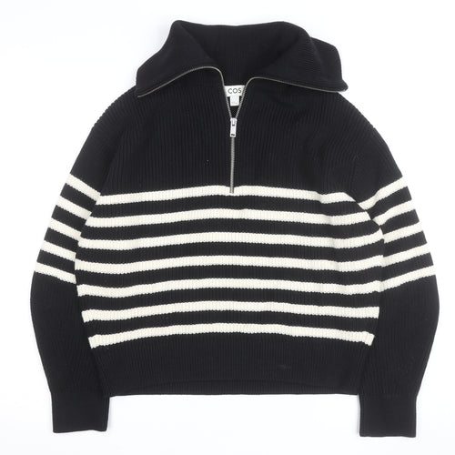 COS Women Black Striped Wool Blend Collared Half Zip Jumper Size 12