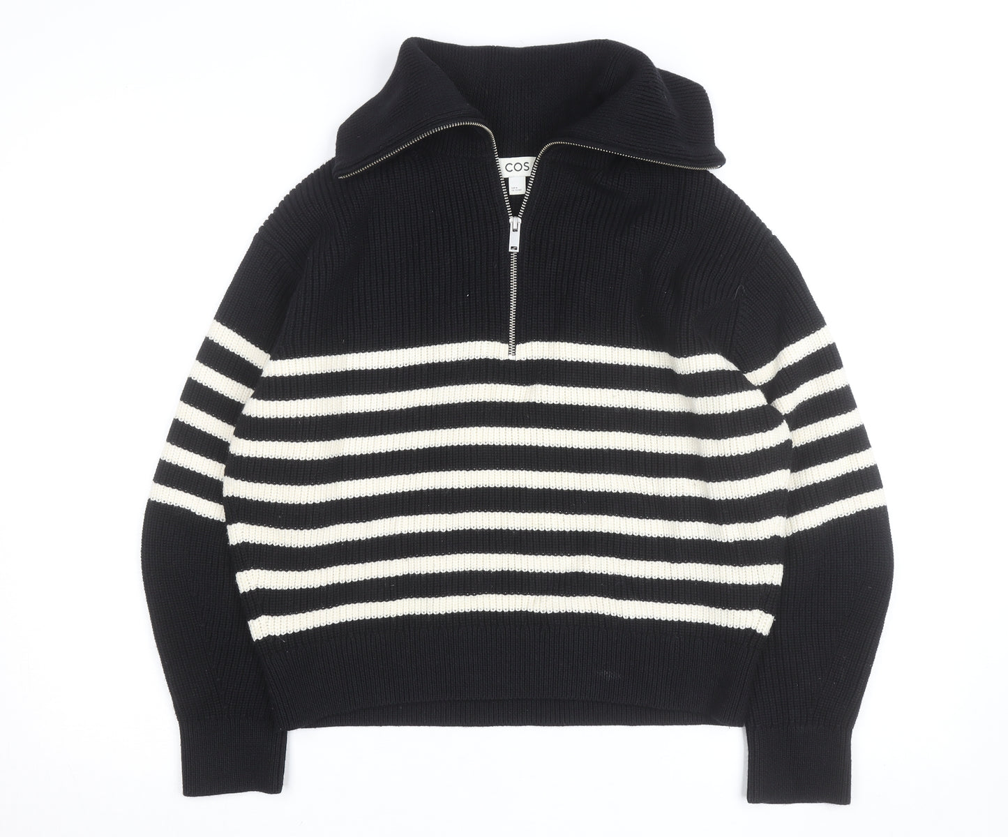 COS Women Black Striped Wool Blend Collared Half Zip Jumper Size 12