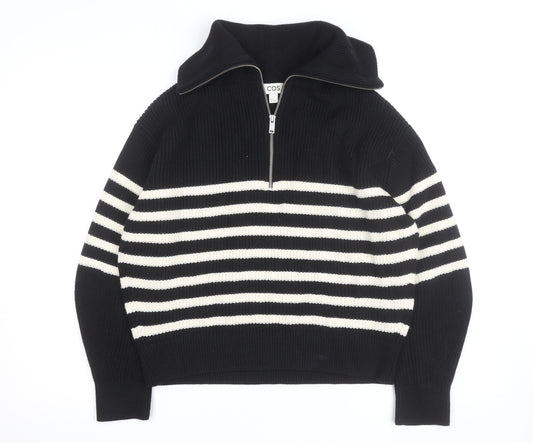 COS Women Black Striped Wool Blend Collared Half Zip Jumper Size 12