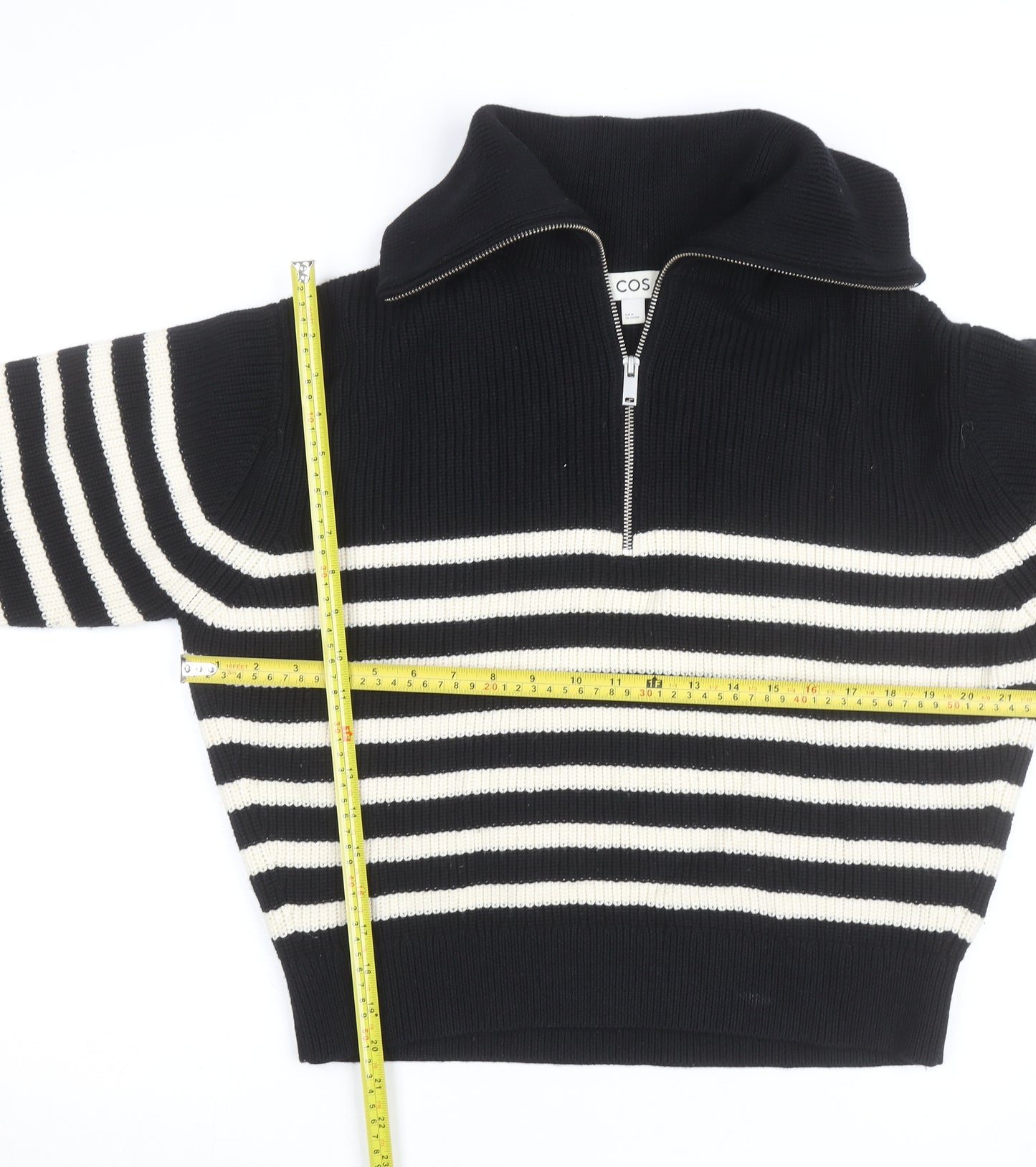 COS Women Black Striped Wool Blend Collared Half Zip Jumper Size 12