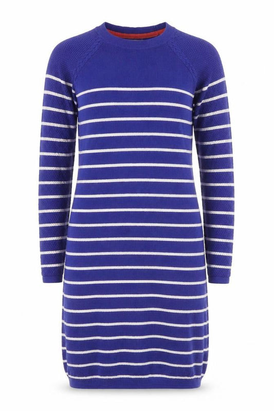Front view of Paraphrase Women's Blue Striped Jumper Dress, size 12, Knit Crew Neck