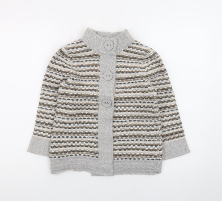 Principles Women Grey Striped High Neck Cardigan Size 10