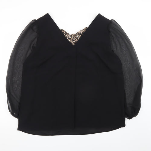 V by Very Women Black Leopard Bow V-Neck Chiffon Long Sleeve Blouse Size 16