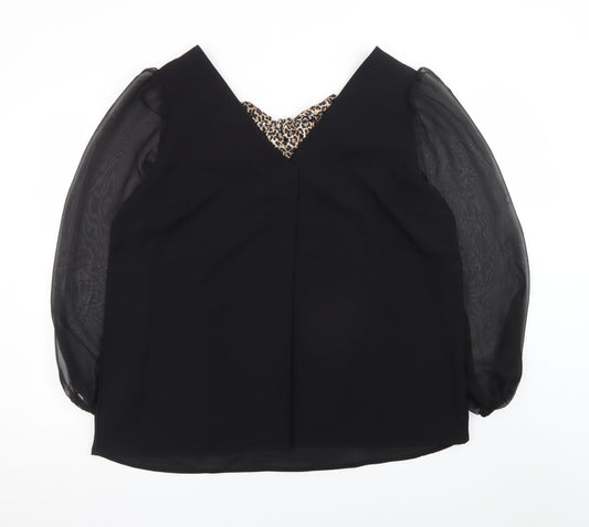 V by Very Women Black Leopard Bow V-Neck Chiffon Long Sleeve Blouse Size 16