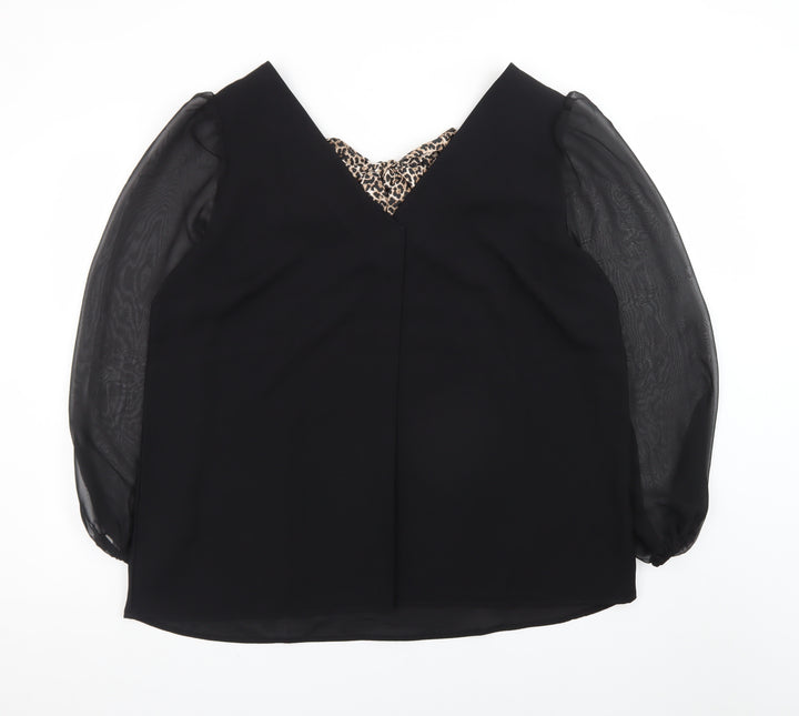 V by Very Women Black Leopard Bow V-Neck Chiffon Long Sleeve Blouse Size 16