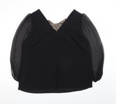 V by Very Women Black Leopard Bow V-Neck Chiffon Long Sleeve Blouse Size 16