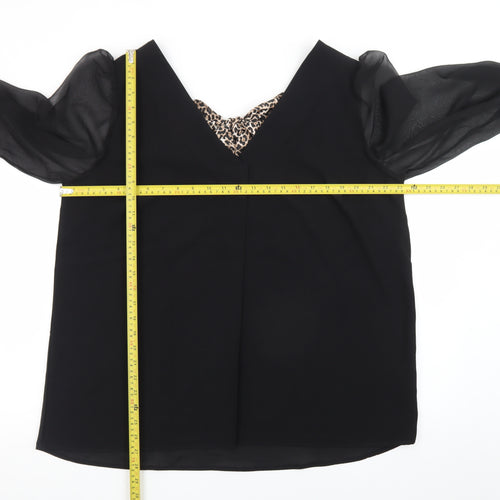 V by Very Women Black Leopard Bow V-Neck Chiffon Long Sleeve Blouse Size 16