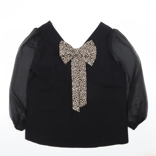 V by Very Women Black Leopard Bow V-Neck Chiffon Long Sleeve Blouse Size 16
