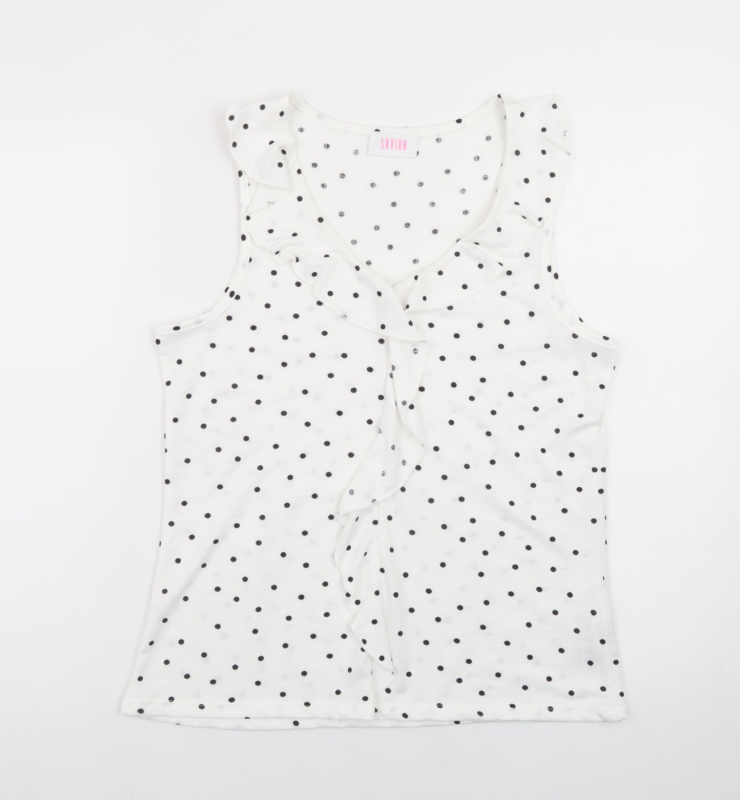 Savida Women’s White Polka Dot Ruffle V-Neck Tank Top Size 10