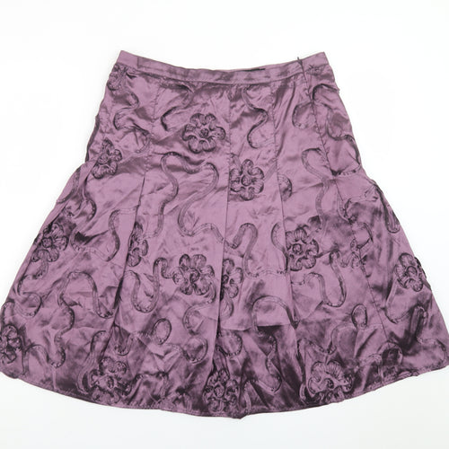 CCDK Women's Purple Satin A-Line Floral Embroidered Skirt Size 10