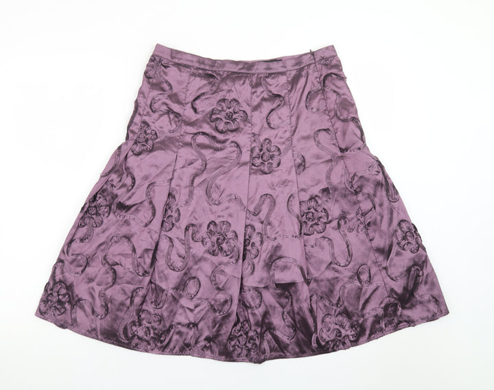 CCDK Women's Purple Satin A-Line Floral Embroidered Skirt Size 10
