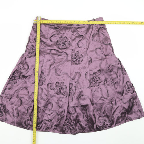 CCDK Women's Purple Satin A-Line Floral Embroidered Skirt Size 10