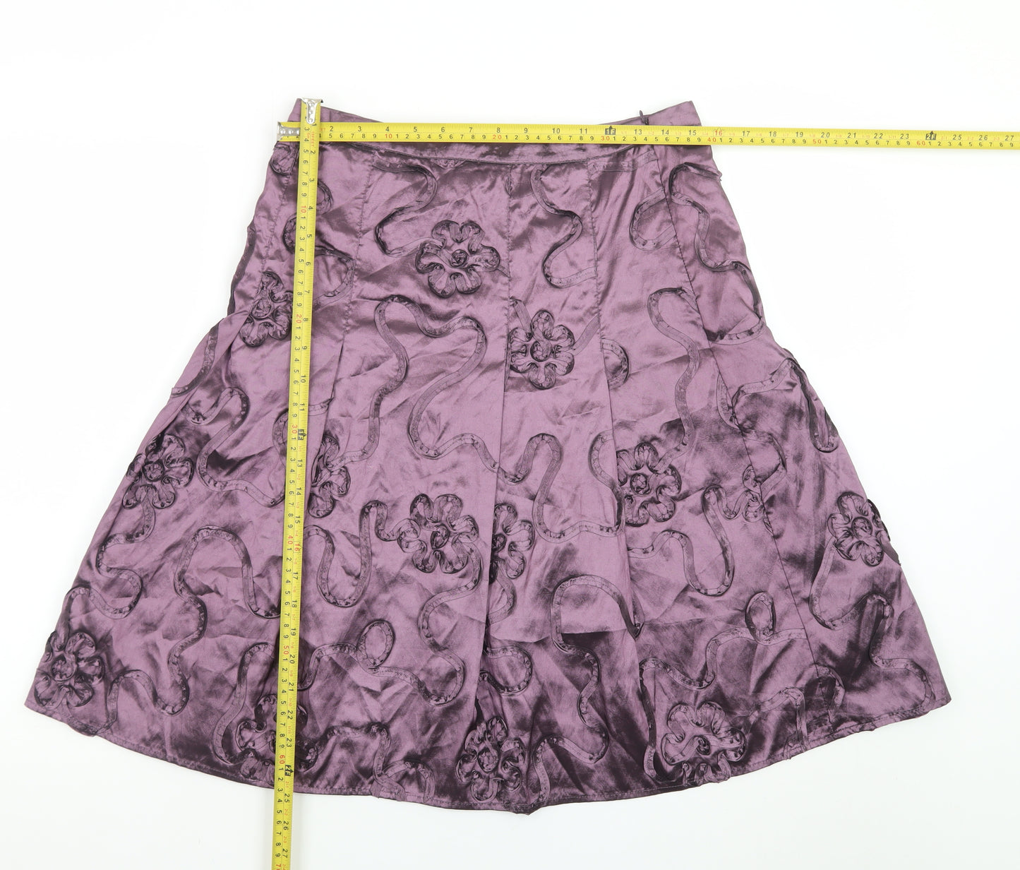 CCDK Women's Purple Satin A-Line Floral Embroidered Skirt Size 10