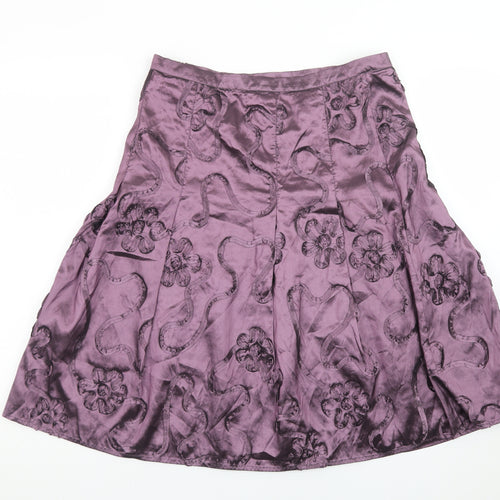 CCDK Women's Purple Satin A-Line Floral Embroidered Skirt Size 10