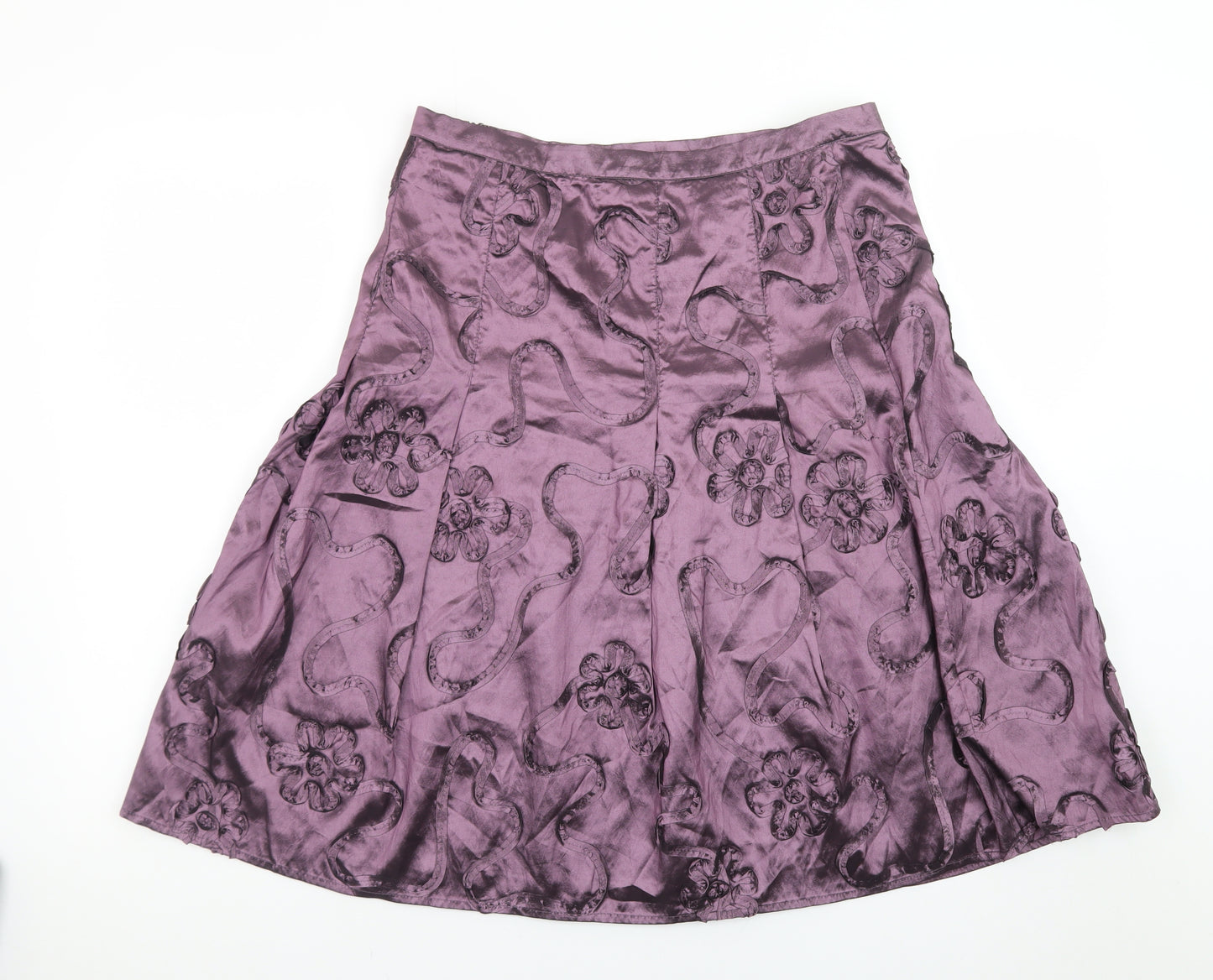 CCDK Women's Purple Satin A-Line Floral Embroidered Skirt Size 10