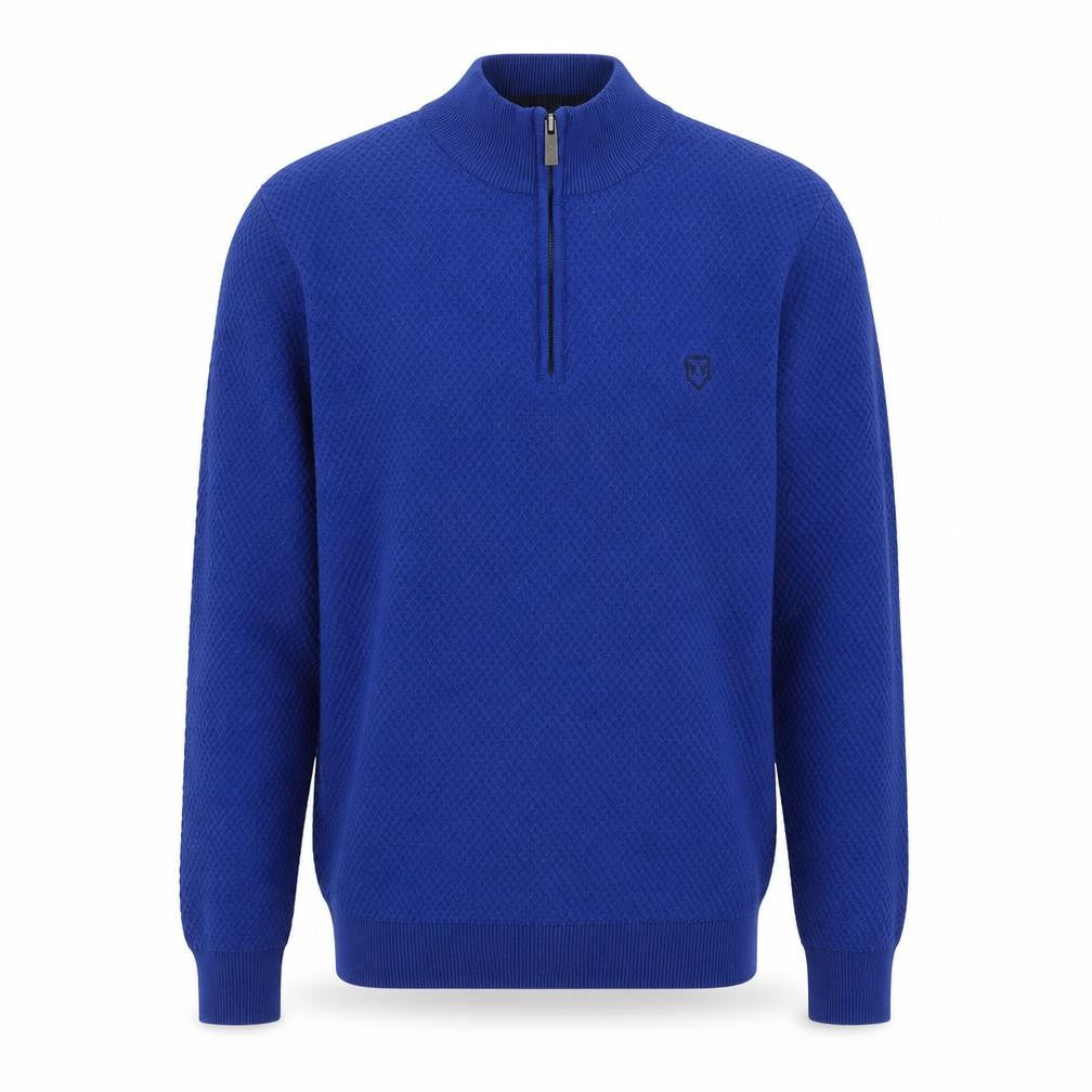 Front view of XV Kings Men's Blue Wool Blend 1/2 Zip Jumper, size S