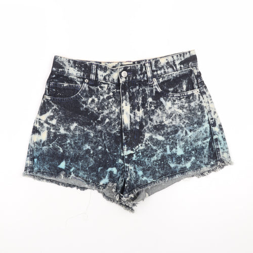Monki Womens Blue Acid Wash High Rise Cut-Off Denim Shorts Size 12