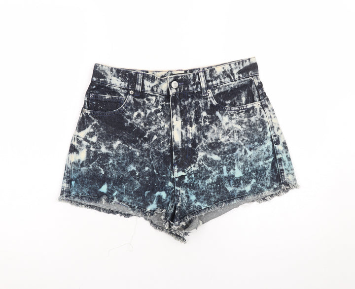Monki Womens Blue Acid Wash High Rise Cut-Off Denim Shorts Size 12