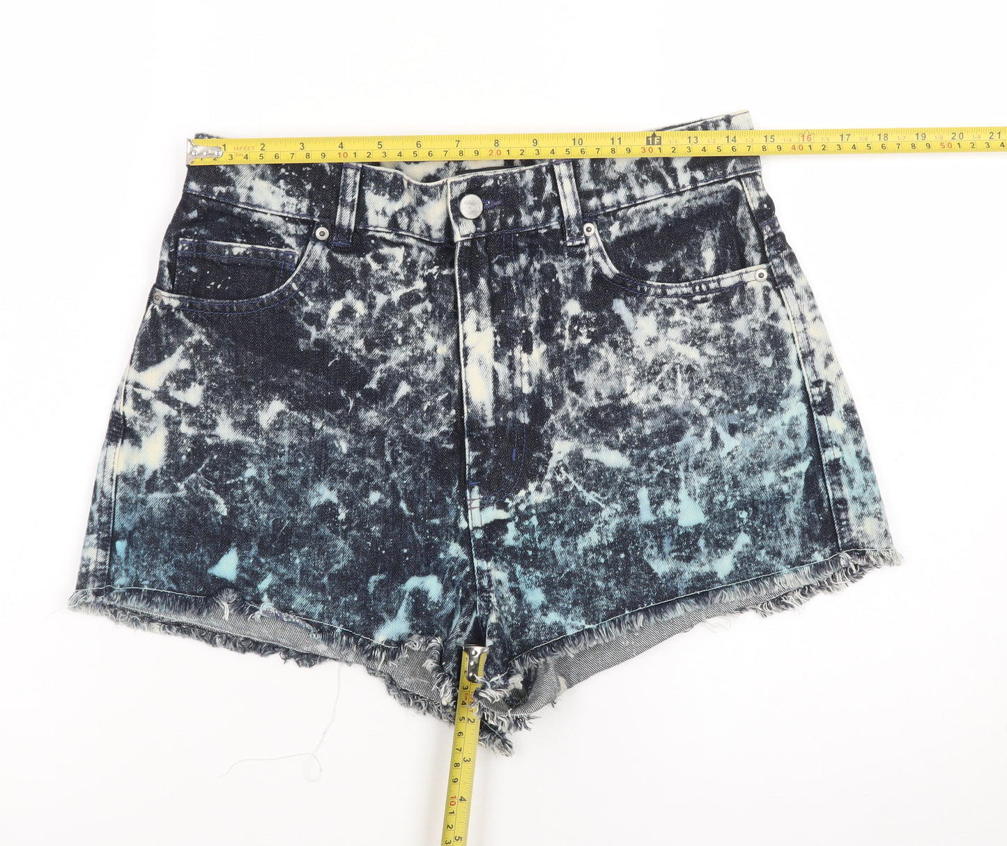 Monki Womens Blue Acid Wash High Rise Cut-Off Denim Shorts Size 12
