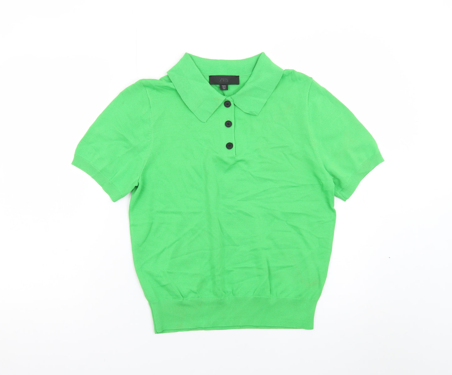 Zara Women Green Polo Shirt L Short Sleeve Collared Knit Top