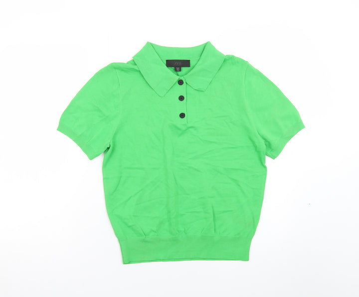 Zara Women Green Polo Shirt L Short Sleeve Collared Knit Top