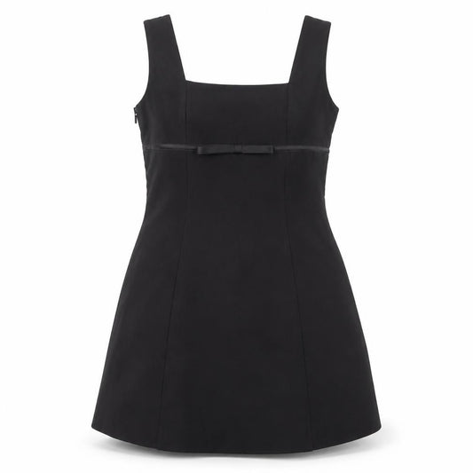 Front view of PRETTYLITTLETHING Women’s Black A-Line Sleeveless Bow Dress, size UK 16