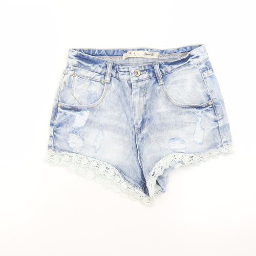 Denim Co. Women Blue Lace Trim Distressed Denim Hot Pants Size 10