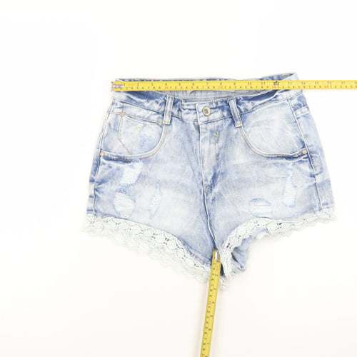 Denim Co. Women Blue Lace Trim Distressed Denim Hot Pants Size 10
