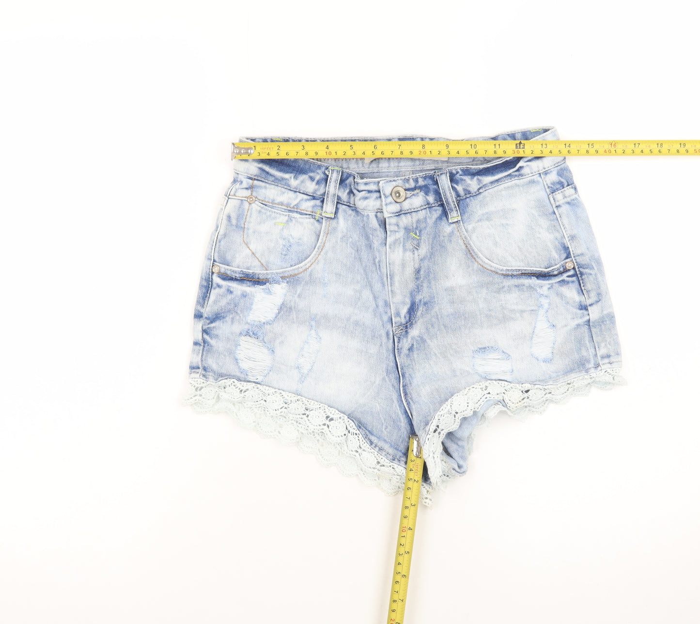 Denim Co. Women Blue Lace Trim Distressed Denim Hot Pants Size 10